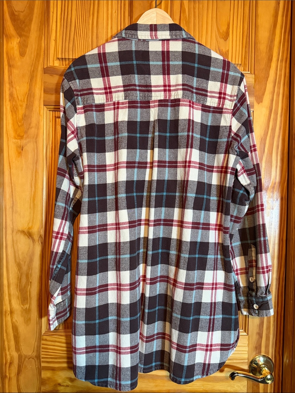 Stillwater Supply Plaid Button-Down Tunic Shirt in Burgundy, Brown & Cream - Picture 6 of 6